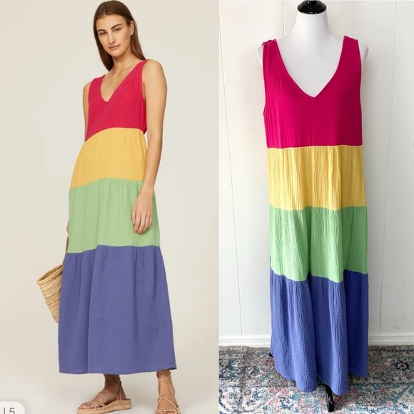 Marine Layer Rainbow Colorblock Corinne Maxi Dress Women’s Size L Colorful - Picture 1 of 14